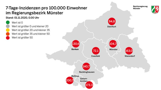 Karte mit Inzidenzen im Regierungsbezirk