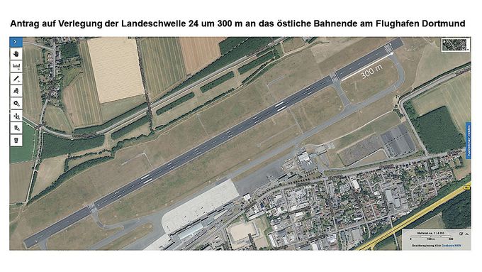 Der Flughafen Dortmund möchte auf seiner vorhandenen Start- und Landebahn die östlich gelegene Landeschwelle um 300 Meter verlegen.