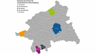 Standorte und Seminareinzugsbereiche der Zentren für schulpraktische Lehrerausbildung im Regierungsbezirk Münster