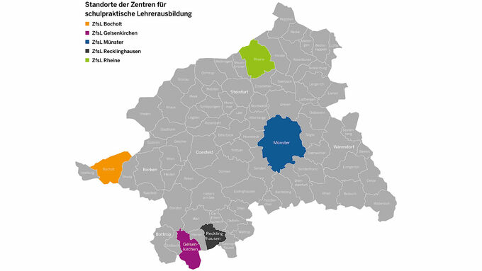 Standorte und Seminareinzugsbereiche der Zentren für schulpraktische Lehrerausbildung im Regierungsbezirk Münster