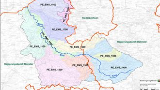 Übersicht über das Teileinzugsgebiet Ems NRW mit zugehörigen Planungseinheiten.