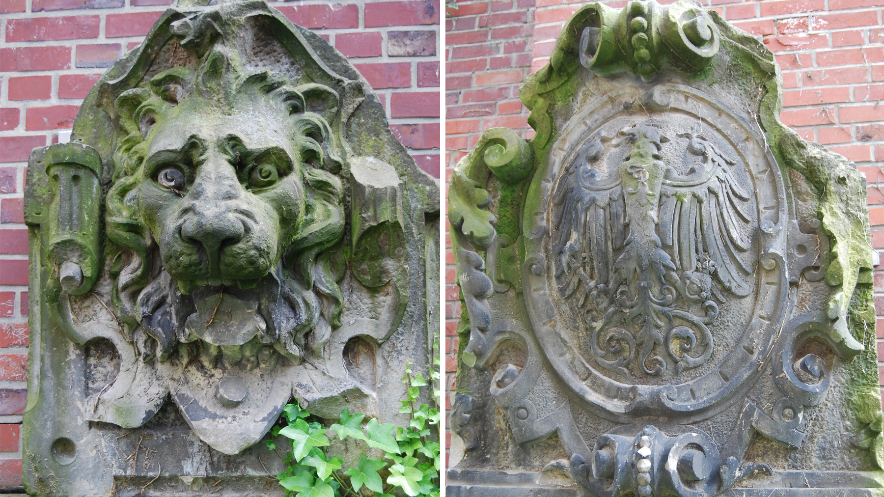 Steinskulpturen des früheren Dienstgebäudes. Links ein in Stein gemeißelter Löwenkopf, rechts ein Wappen mit einem Adler