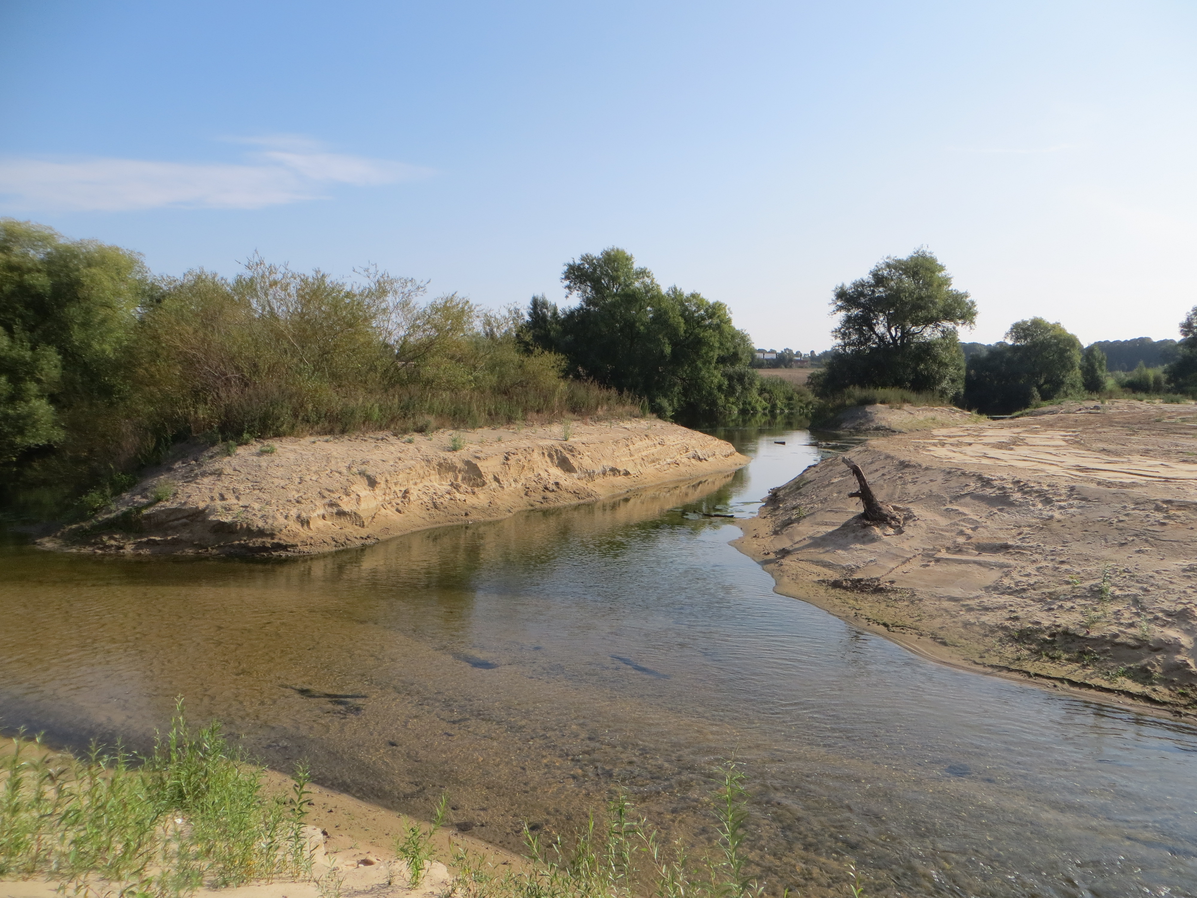 Zu sehen ist der neu gestaltete Mündungsbereich des Dattelner Mühlenbachs in die Lippe, die im hinteren Bereich des Bildes vor der Baumreihe verläuft. Im neuen Mündungsbereich soll eine kleine Auenlandschaft entstehen. Hierzu wurde der Bach auf 350 Meter Länge aufgeweitet und zwei Sohlgleiten sorgen dafür, dass der Dattelner Mühlenbach hindernisfrei in die Lippe fließen kann. Die Ufer und Böschungen sind kurz nach Abschluss der Bauarbeiten noch frei von Vegetation. 