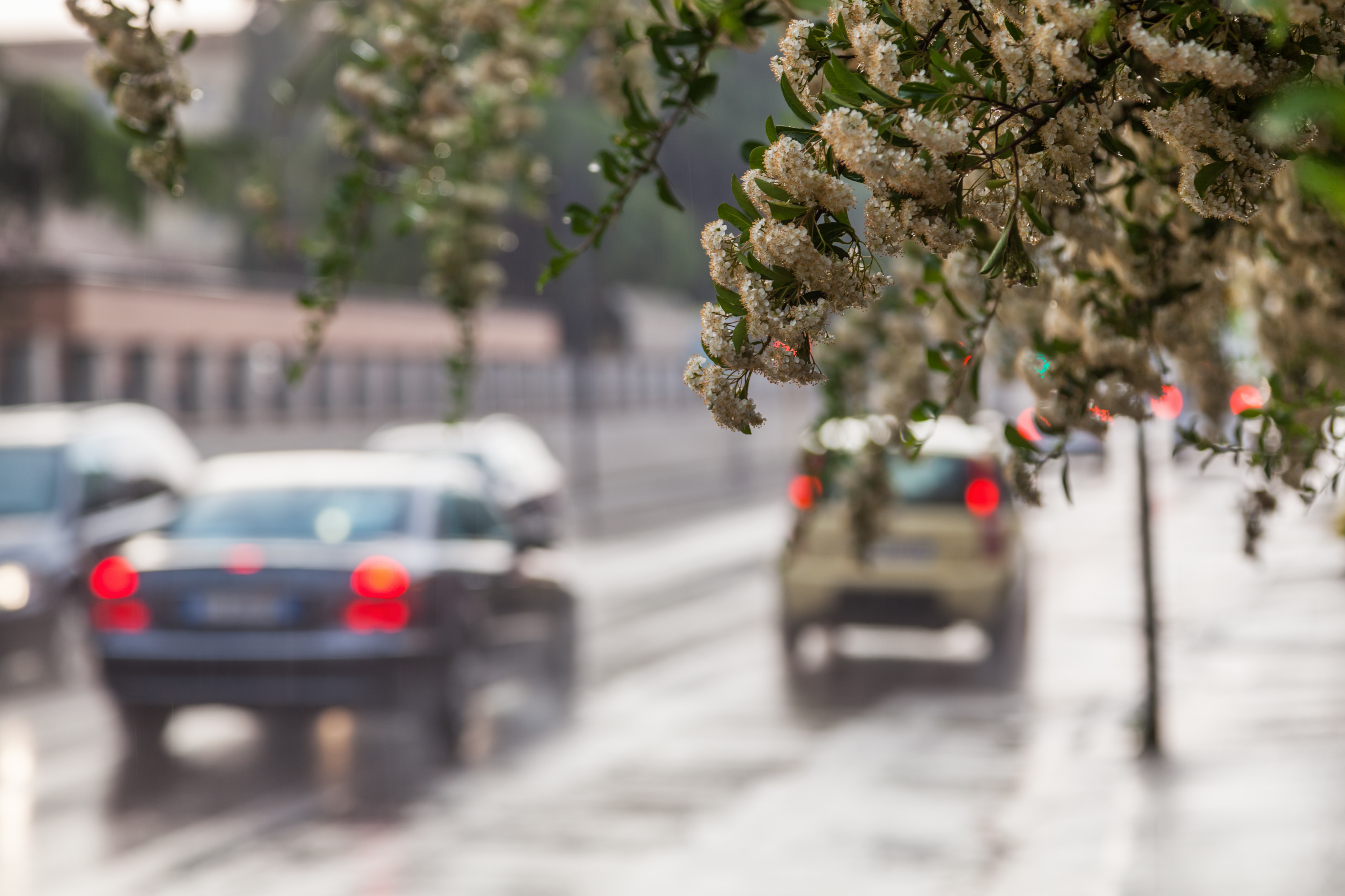 Autos auf der Straße mit eingeschalteten Rücklichtern