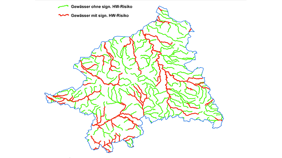 Die Darstellung zeigt die Gewässer im Regierungsbezirk Münster, farblich unterschieden nach den signifikanten Hochwasserrisiken. In grün sind die Gewässer dargestellt, die kein signifikantes Hochwasserrisiko haben. Gewässer mit einem signifikanten Hochwasserrisiko sind in rot dargestellt.