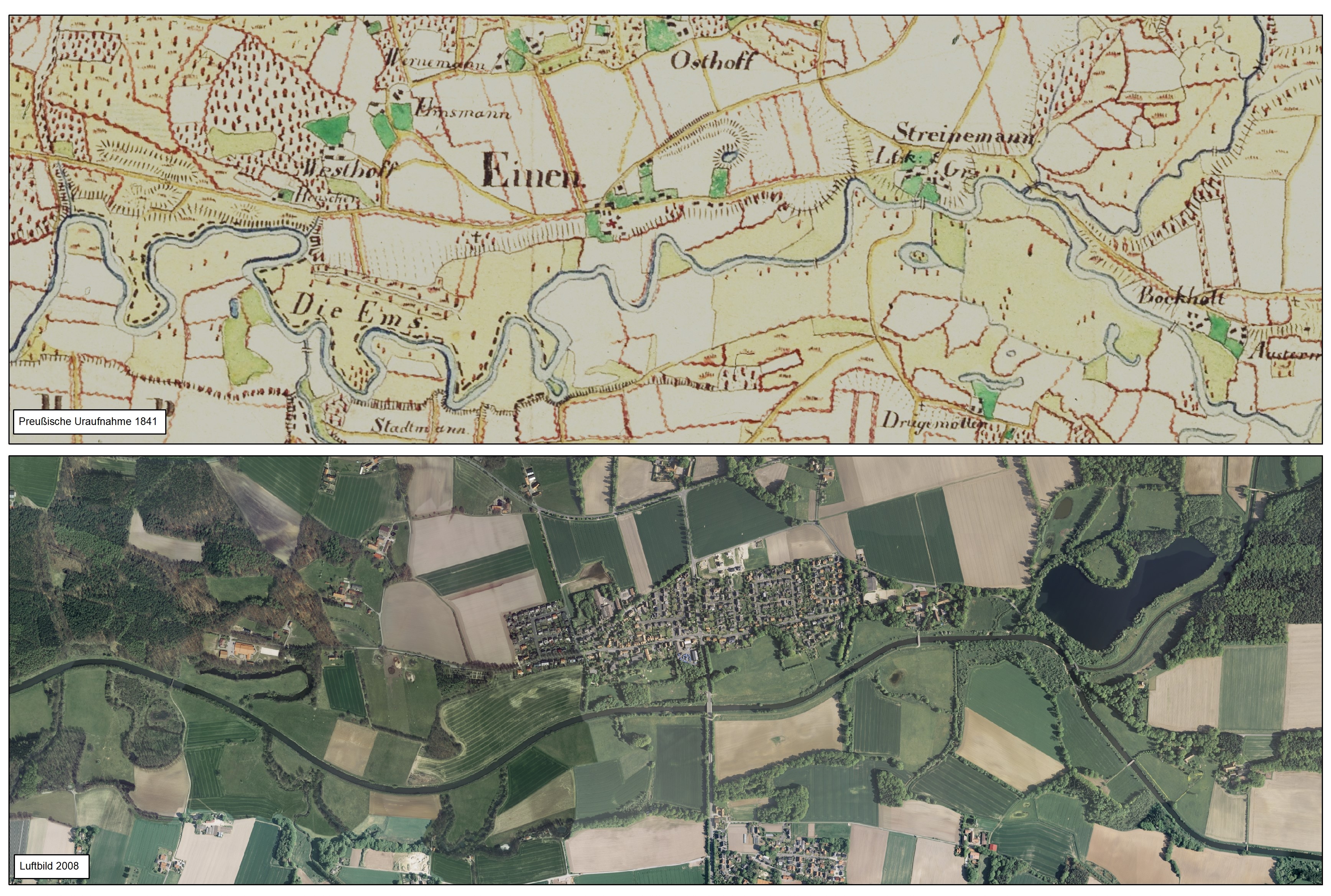 historische Entwicklung der Ems aus der Zeit der preußischen Uraufnahme bis heute. 