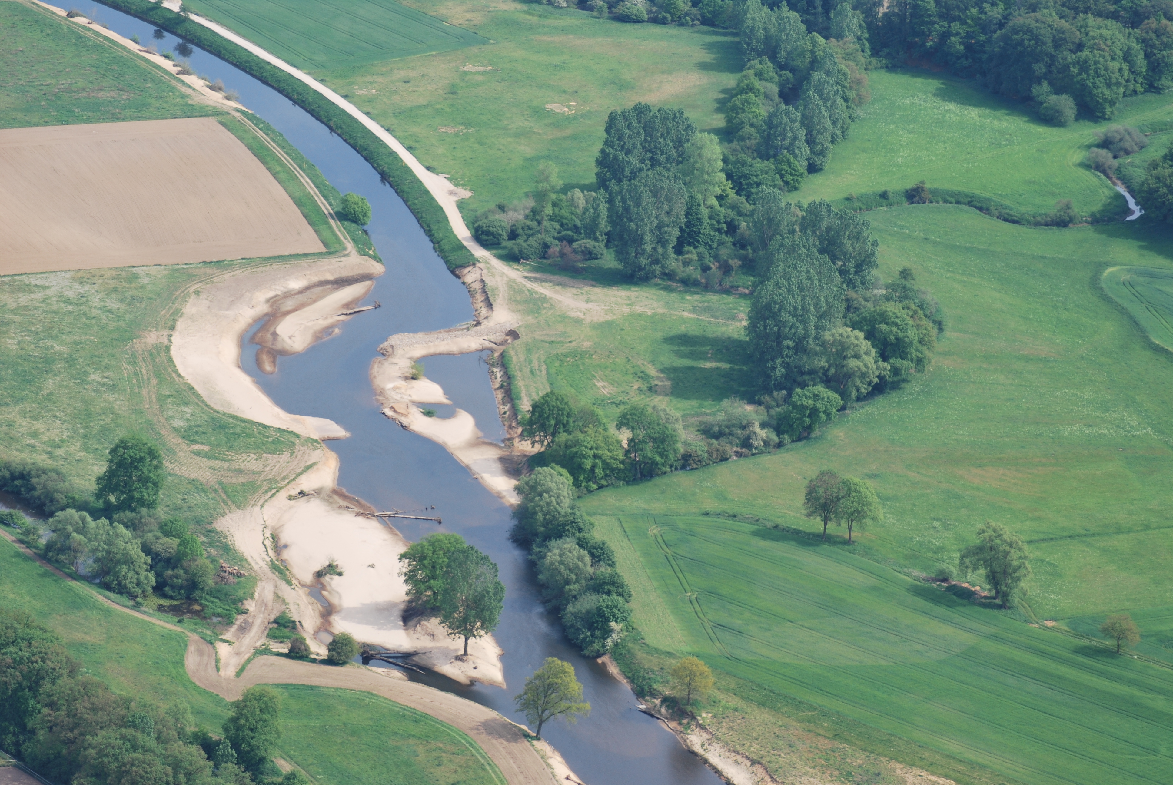 Luftaufnahme des renaturierten Emsabschnittes bei Einen (Kreis Warendorf). 