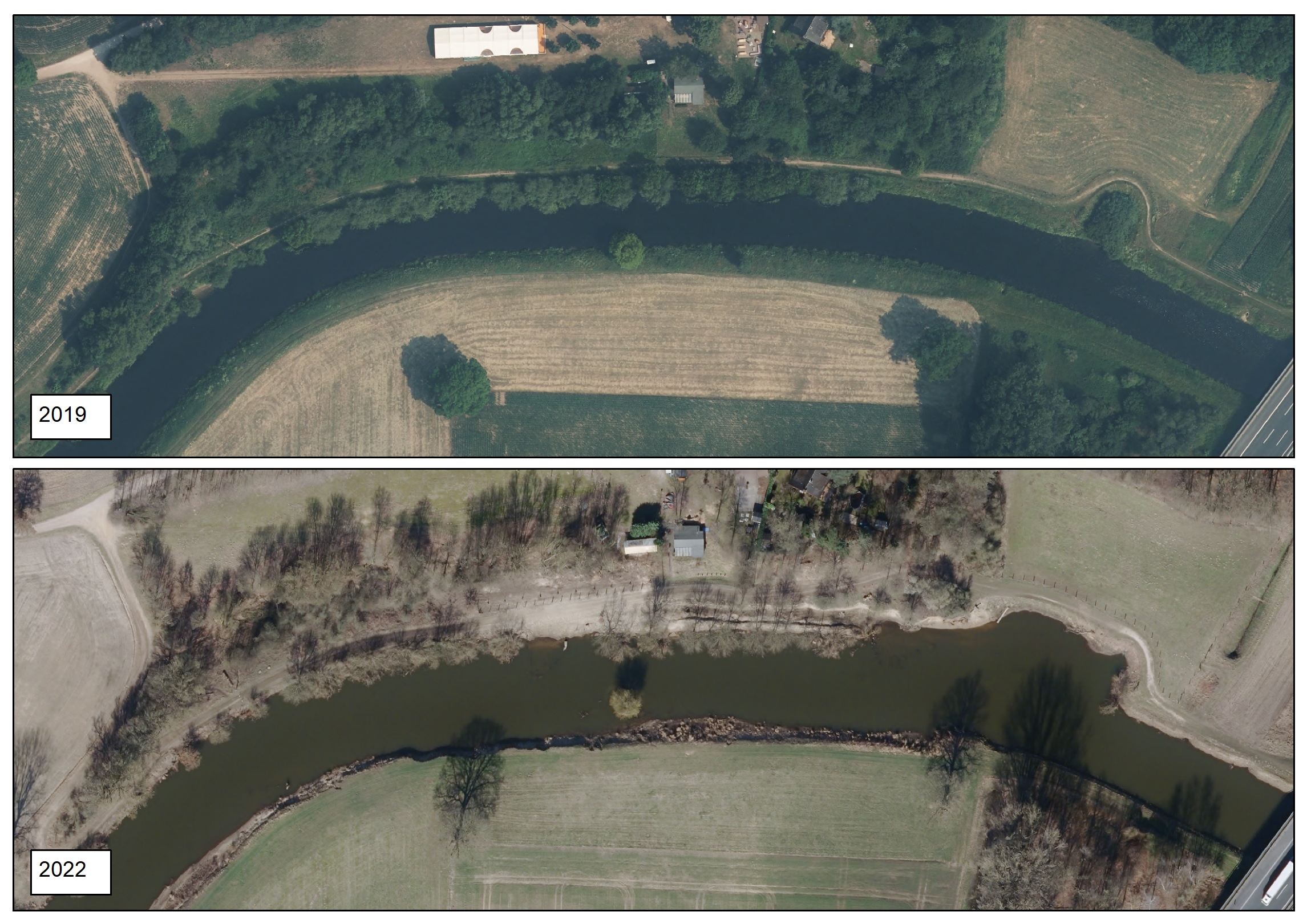 Luftbildaufnahme des Bereiches am Angelsportverein vor Beginn der Baumaßnahmen im Jahr 2019 und nach Abschluss im Jahr. 