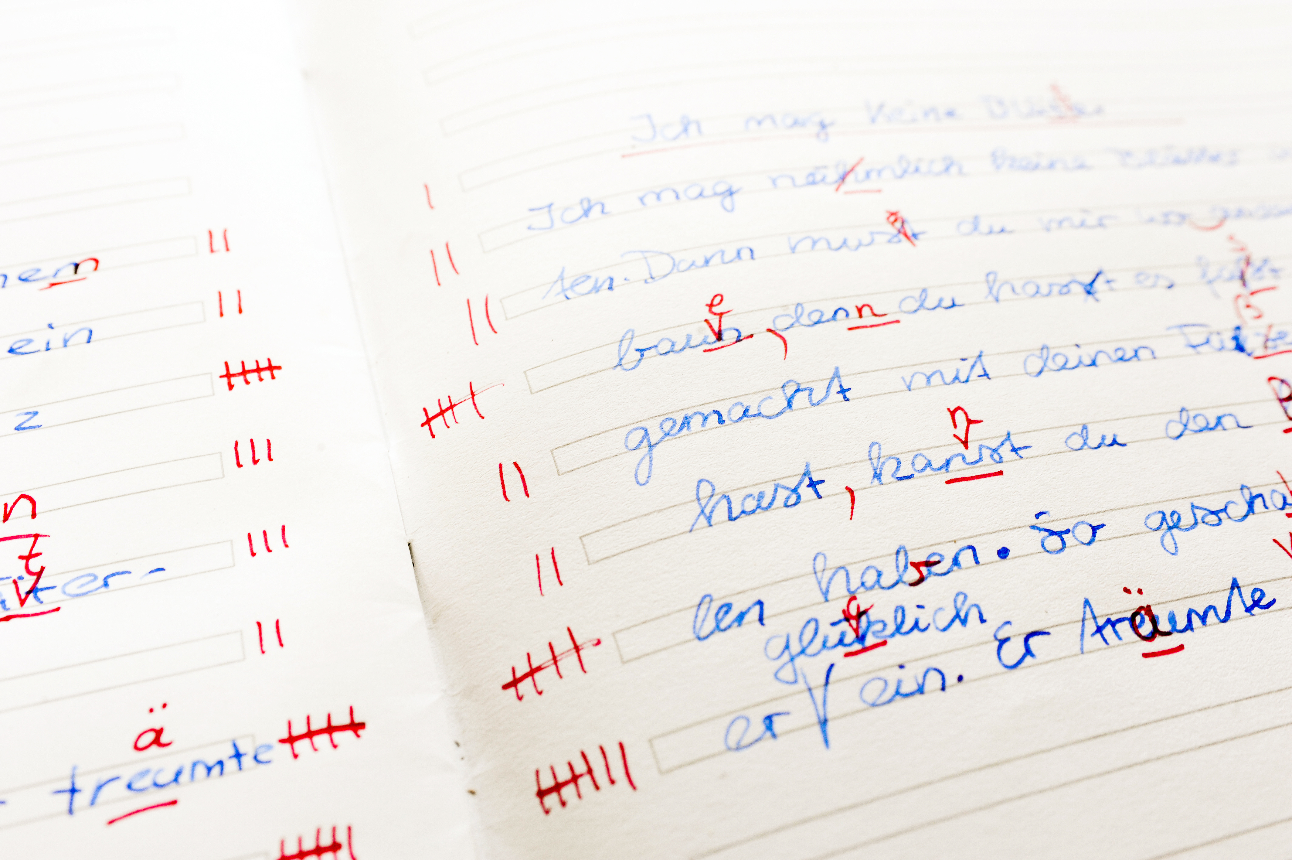 Aufgeschlagenes Schulbuch mit roten Korrekturen von einem Lehrer