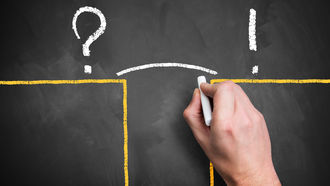 Eine Tafel mit einem Fragezeichen und einem Ausrufezeichen