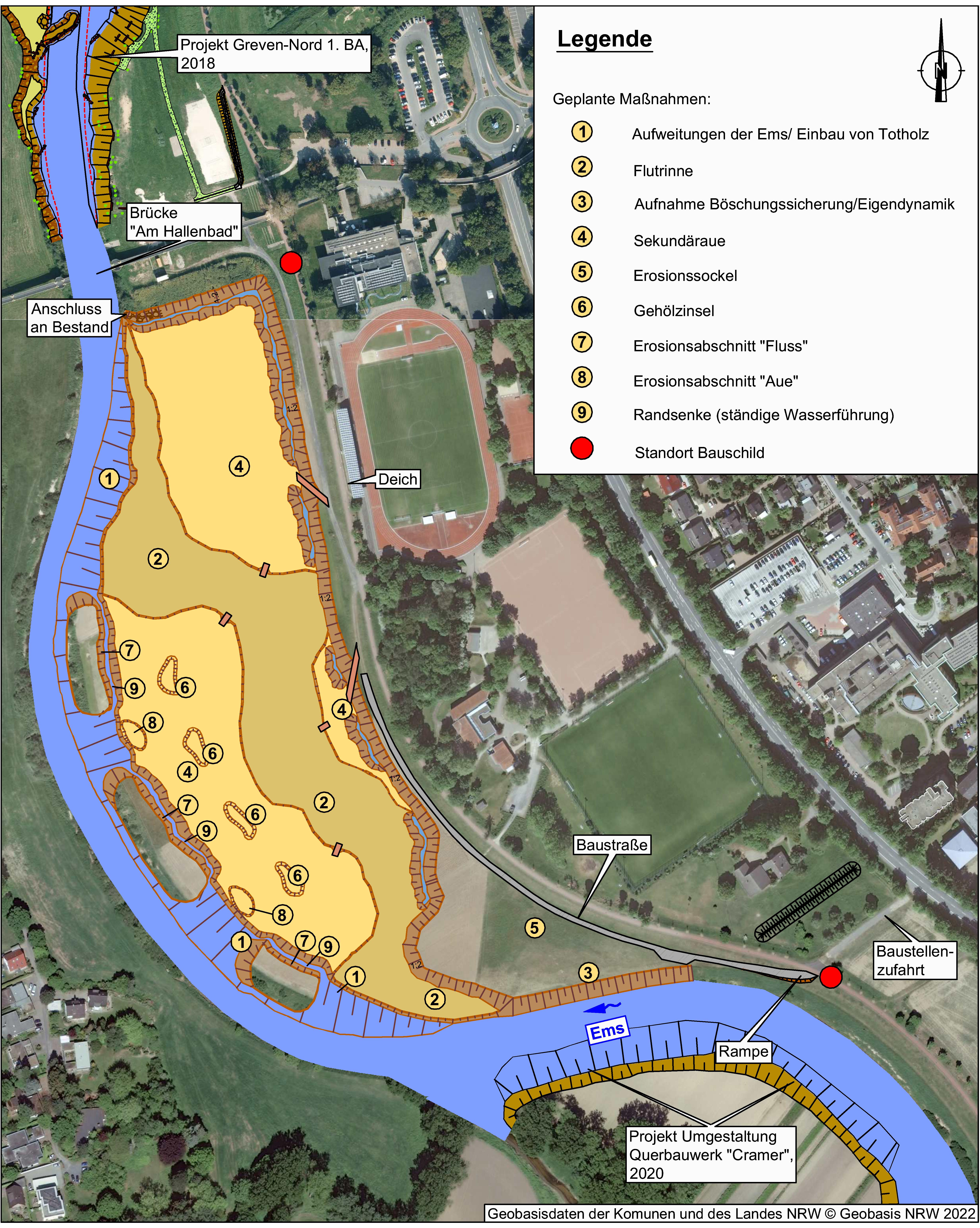 Darstellung des Bauplanes mit Aufweitung des Flusslaufes und Abgrabungsbereich zur Schaffung der Sekundäraue 