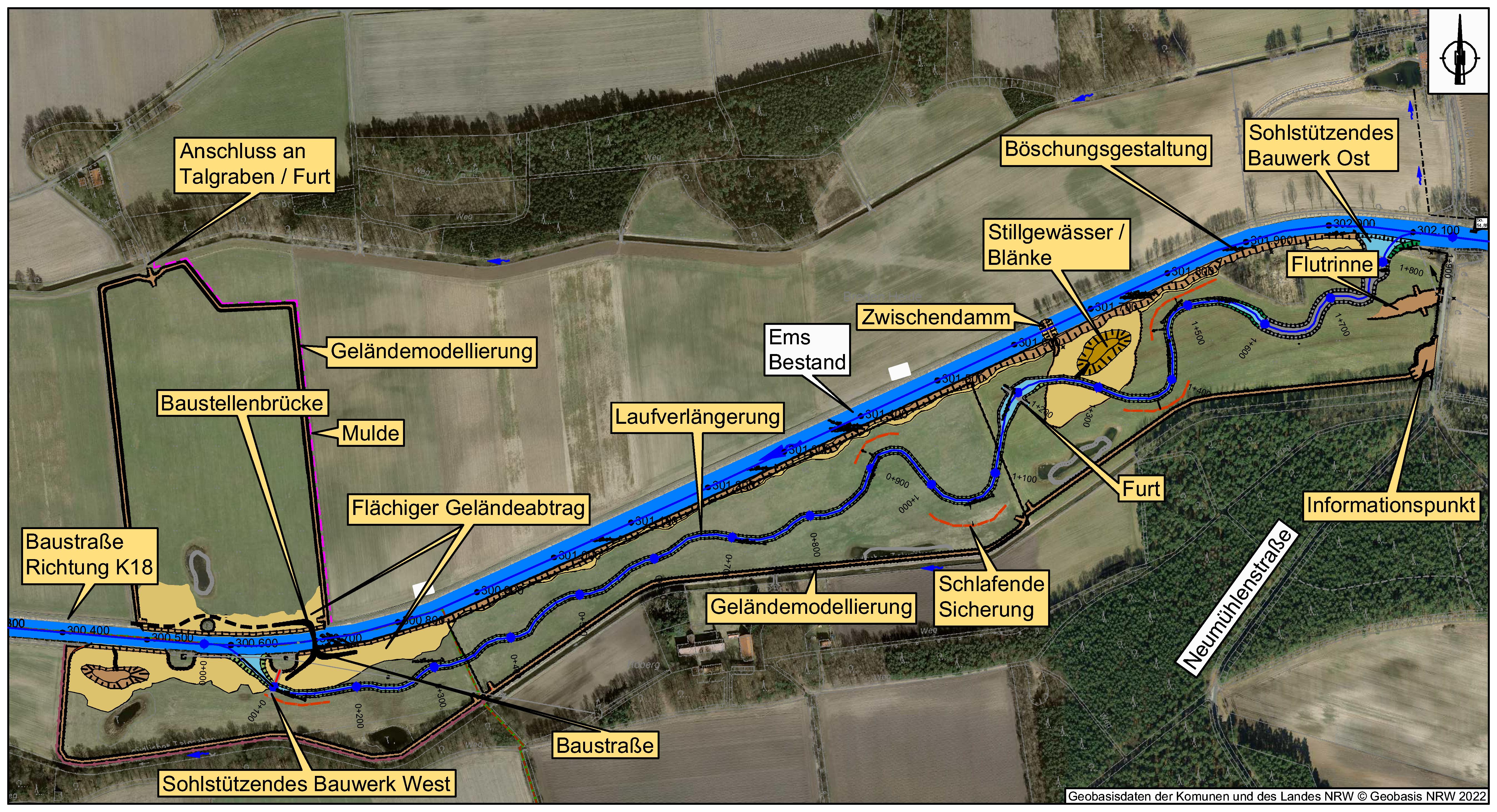 Darstellung des Bauplans mit geplanter Verlegung der Ems in ein neues, geschwungenes Bett mit begleitenden Maßnahmen 