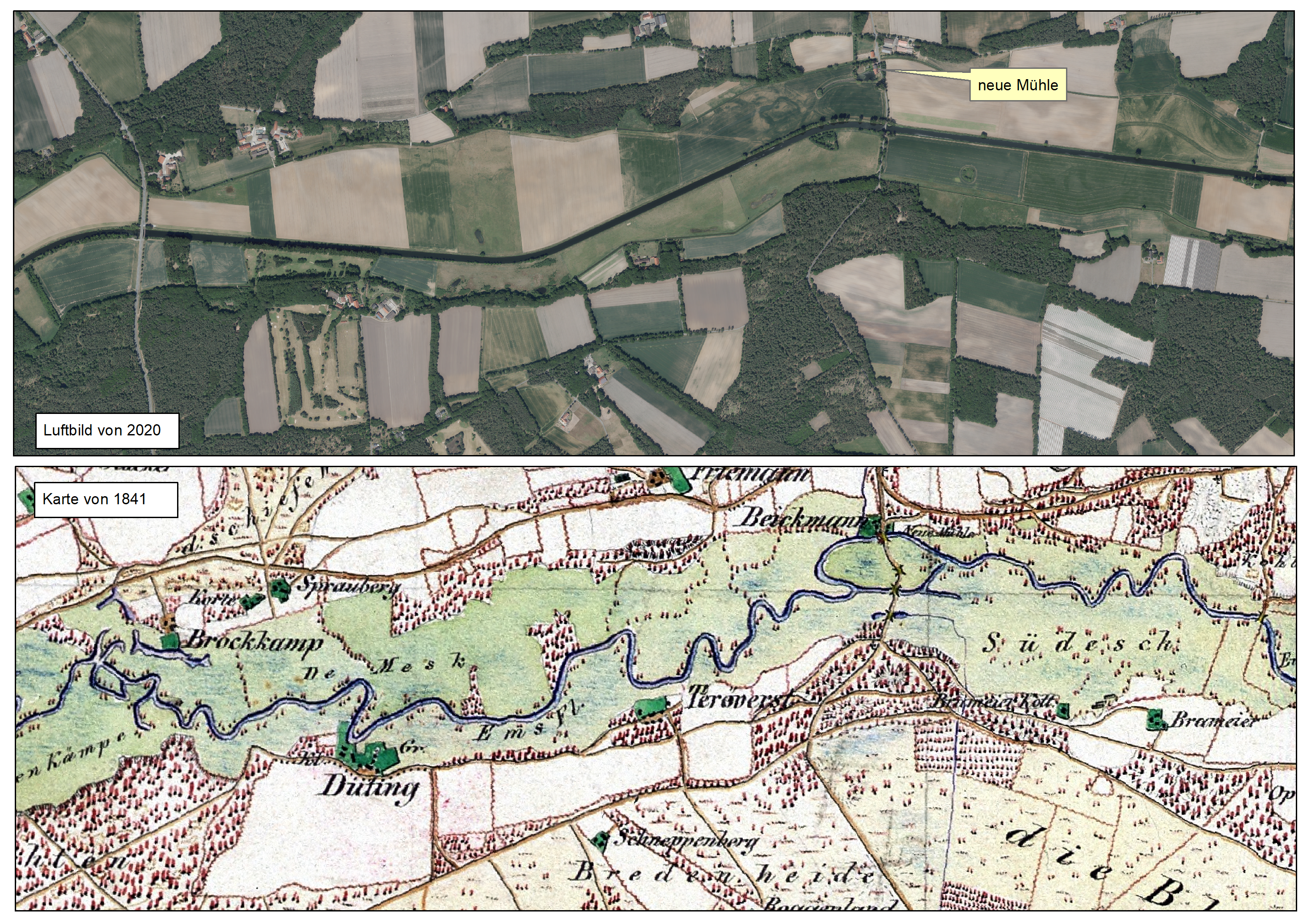 Vergleich historischer Verlauf der Ems vor dem großen Ems-Umbau in den 1930er Jahren und nach Begradigung (Luftbild von 2020) 