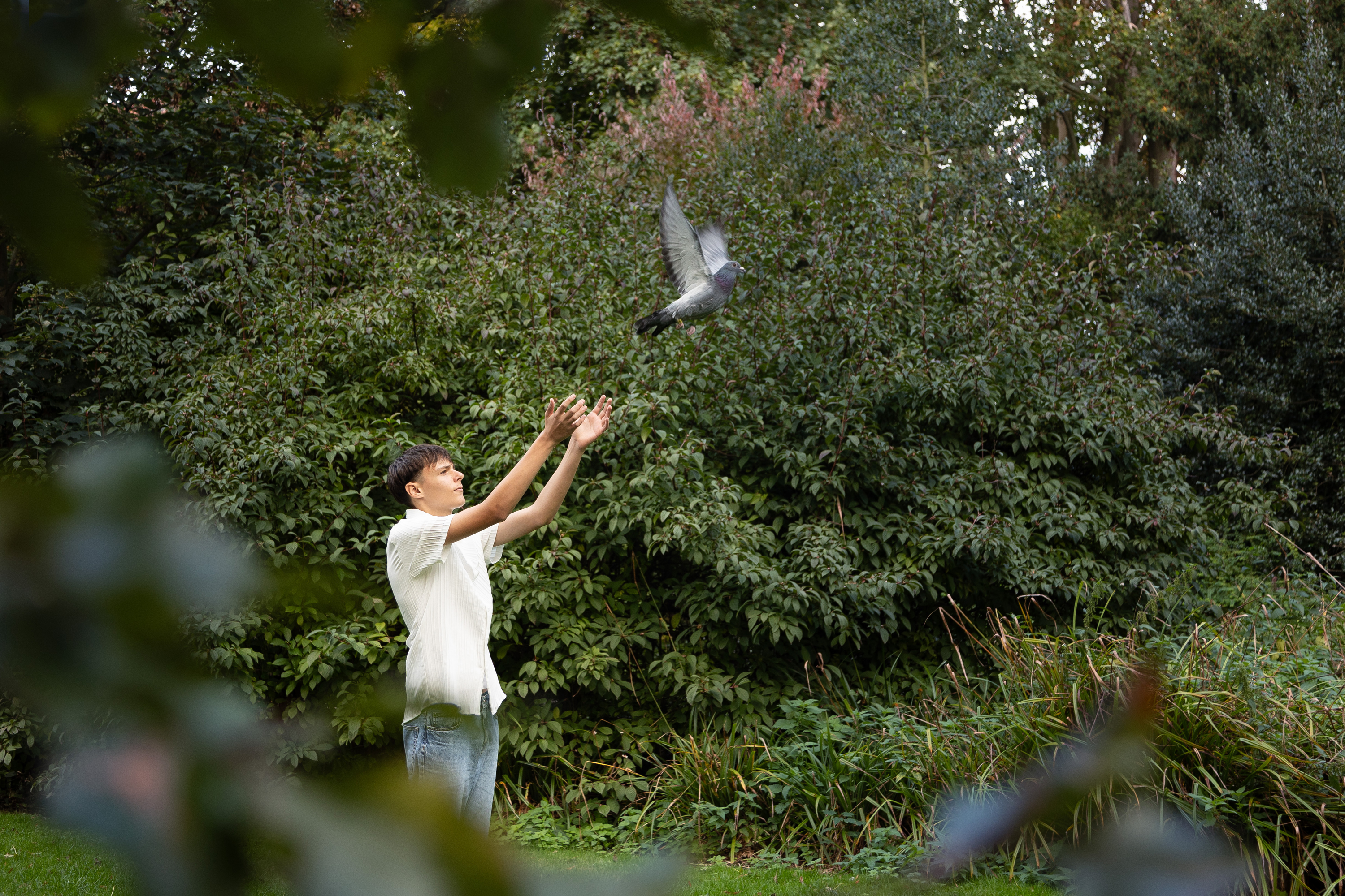 Ein Jugendlicher streckt die Arme aus und lässt eine Taube fliegen.