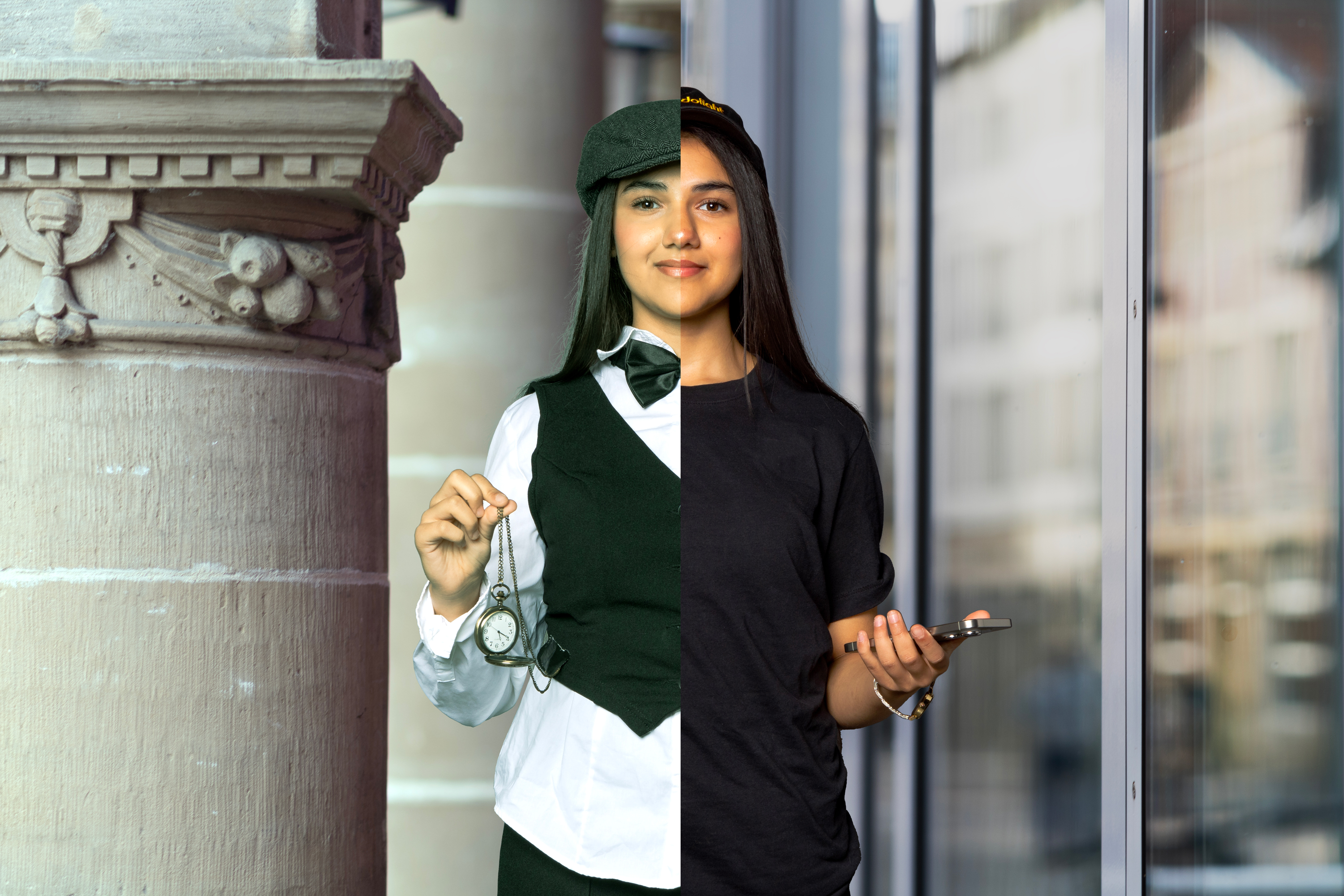 Fotocollage einer Jugendlichen, linke Seite in altem Kostüm, rechte Seite moderne Kleidung