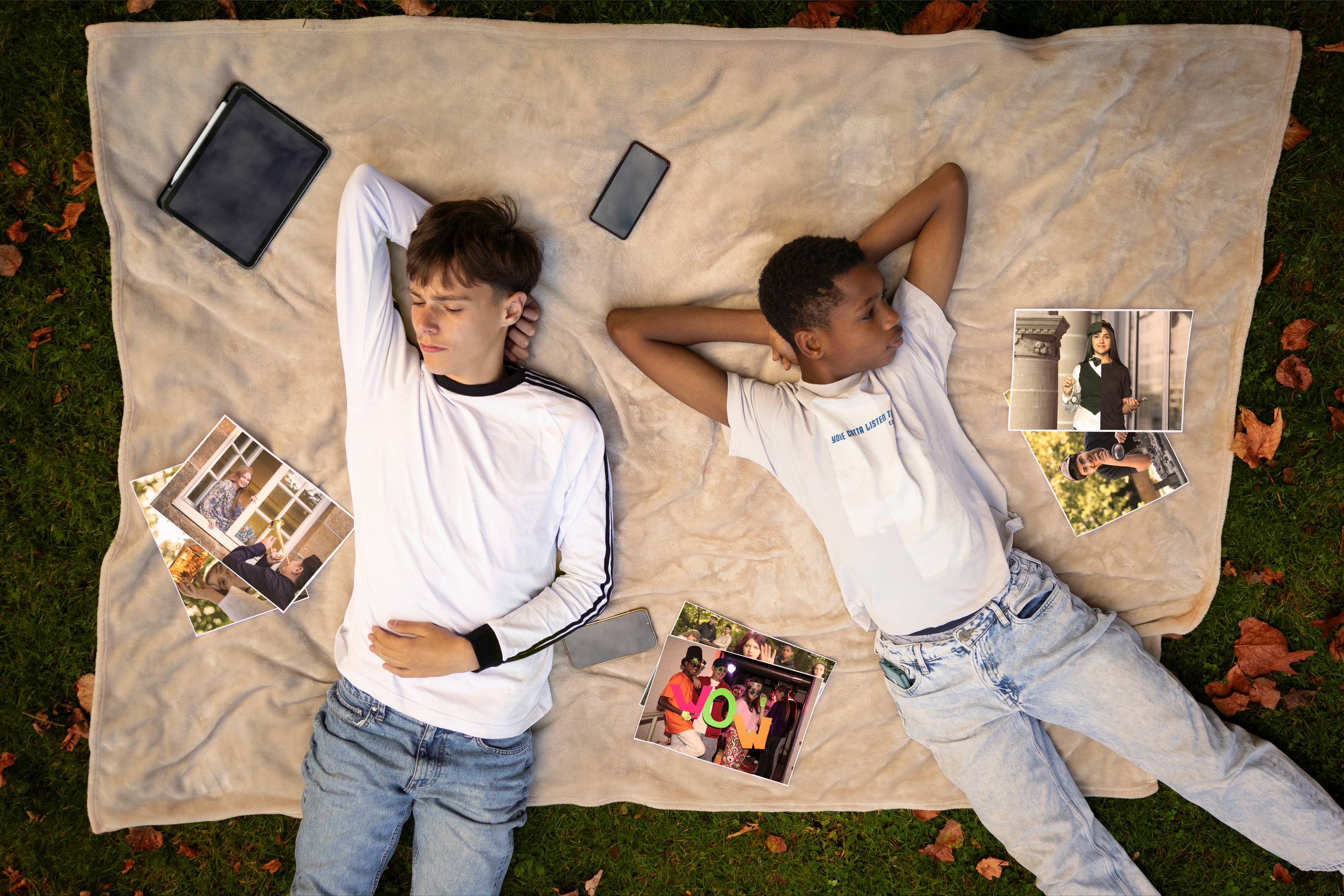 Zwei Jugendliche liegen auf einer Decke. Um sich herum sind Fotos der anderen Projekte verteilt.