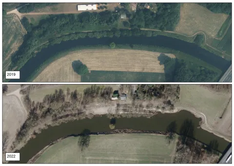 Luftbildaufnahme des Bereiches am Angelsportverein vor Beginn der Baumaßnahmen im Jahr 2019 und nach Abschluss im Jahr. 