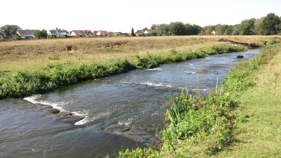 Zu sehen ist ein Abschnitt des Umgehungsgerinnes an der Füchtelner Mühle in Olfen, der in Riegelbauweise ausgeführt wurde. Im Gewässerbett sind die einzelnen Steinriegel und ihre Öffnungen zu erkennen, die den Organismen die Durchwanderbarkeit ermöglichen. Im Hintergrund ist die Wohnbebauung von Olfen zu sehen. 