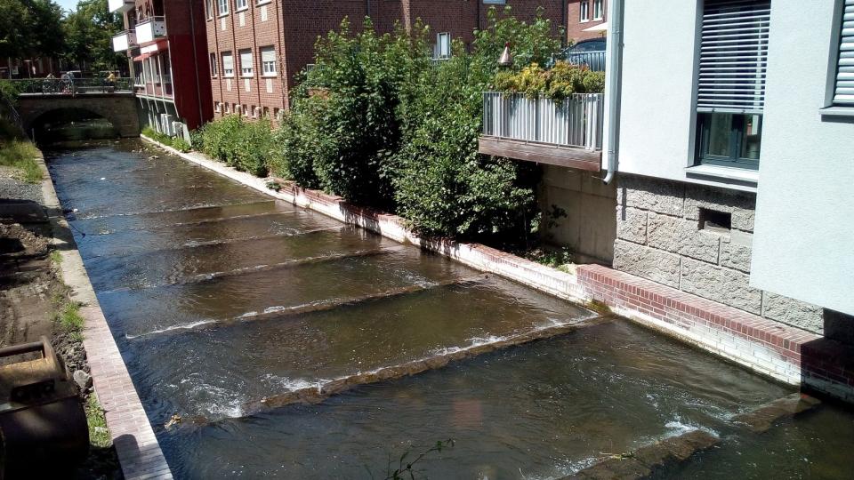 Zu sehen ist die etwa 8 m breite Berkel in der Innenstadt von Coesfeld. Beide Ufer werden von niedrigen Mauern gebildet. Auf der in Fließrichtung rechten Seite grenzt Wohnbebauung mit abschnittsweise vorgelagerten niedrigen Gebüschen an die Berkel an. Im Gewässerbett ist die Sohlgleite mit ihren einzelnen Steinriegeln und Öffnungen zu erkennen, die das ehemalige Wehr ersetzen und den Organismen die Durchwanderbarkeit der Berkel ermöglichen.