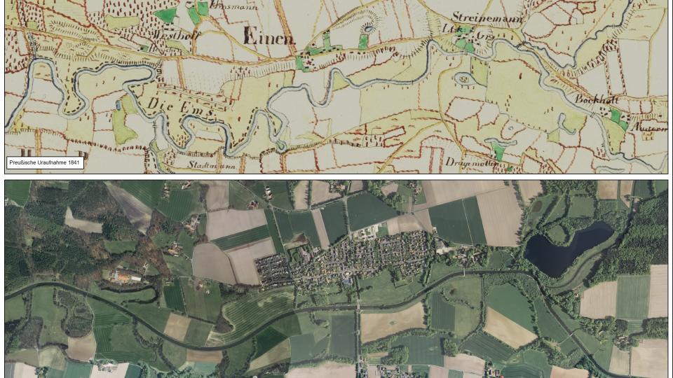 historische Entwicklung der Ems aus der Zeit der preußischen Uraufnahme bis heute. 