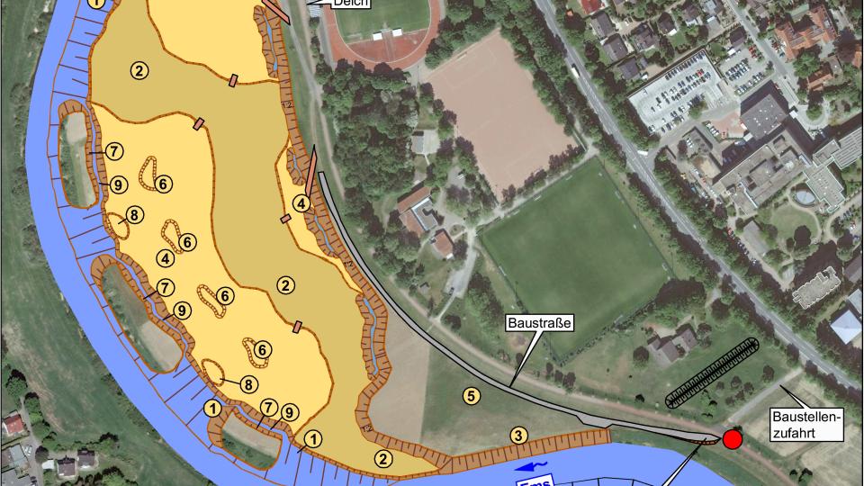 Darstellung des Bauplanes mit Aufweitung des Flusslaufes und Abgrabungsbereich zur Schaffung der Sekundäraue 