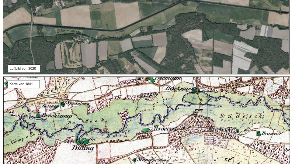 Vergleich historischer Verlauf der Ems vor dem großen Ems-Umbau in den 1930er Jahren und nach Begradigung (Luftbild von 2020) 