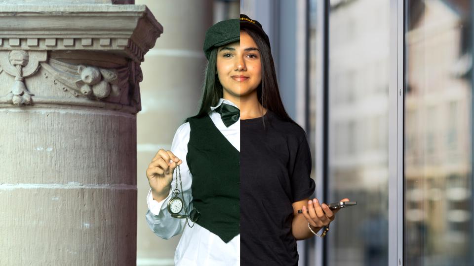 Fotocollage einer Jugendlichen, linke Seite in altem Kostüm, rechte Seite moderne Kleidung