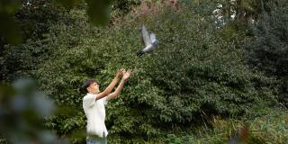 Ein Jugendlicher streckt die Arme aus und lässt eine Taube fliegen.