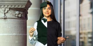 Fotocollage einer Jugendlichen, linke Seite in altem Kostüm, rechte Seite moderne Kleidung