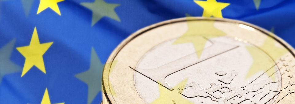 Europaflagge und Euromünzen